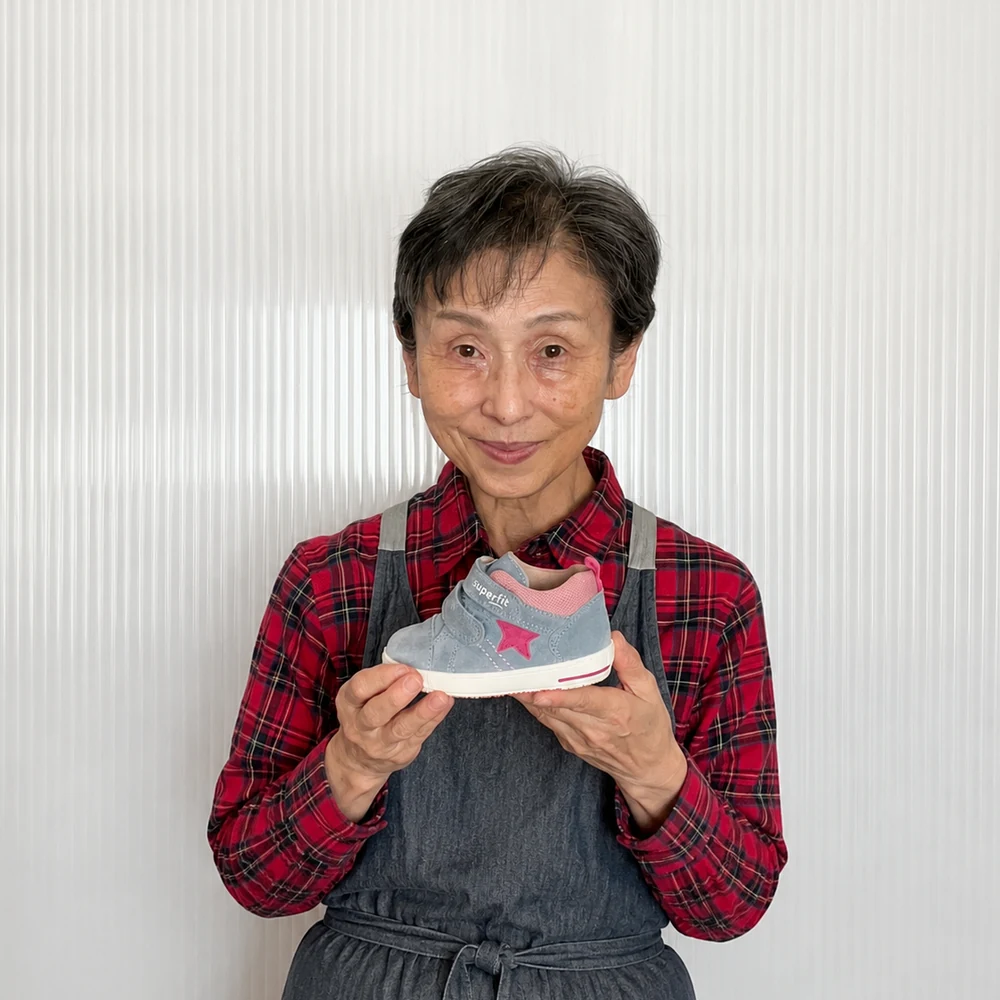 子ども靴を手に持つANDANTINO代表・五十嵐洋子